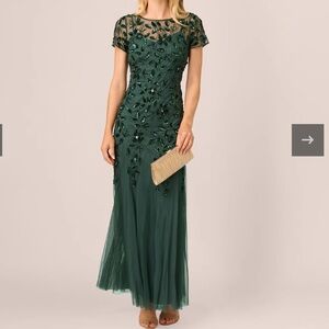 ADRIANNA PAPELL Size 18 Beaded Short Sleeve Floral Godet Gown Dusty Emerald NEW